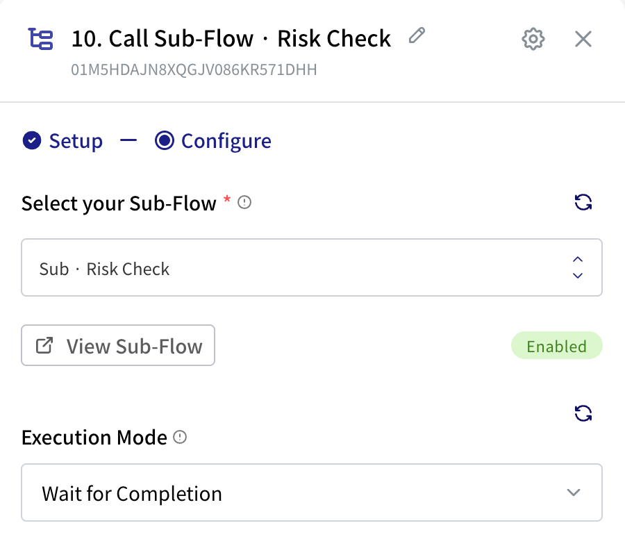 Call Sub Flow settings: Select your Sub-Flow set to Sub · Risk Check, a View Sub-Flow button with an Enabled badge, and Execution Mode Wait for Completion