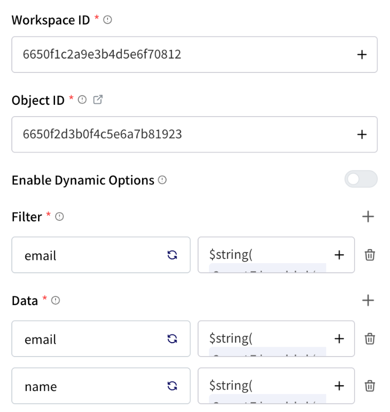 Upsert Record settings: Workspace ID and Object ID filled in, Filter with an email row, and Data with email and name rows, each set to an expression on the form answers