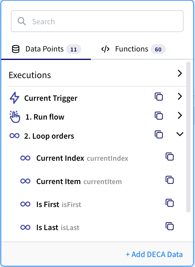 The data picker with Data Points and Functions tabs, listing Executions, Current Trigger and each earlier step; a Loop step is expanded to show Current Index and Current Item