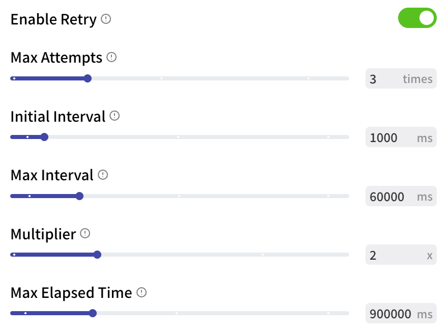 HTTP retry settings: Enable Retry on, Max Attempts 3, Initial Interval 1000 ms, Max Interval 60000 ms, Multiplier 2, Max Elapsed Time 900000 ms