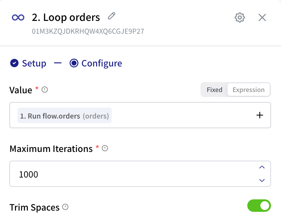Loop Items settings: Value set to a reference to the trigger's orders list, Maximum Iterations 1000, Trim Spaces on