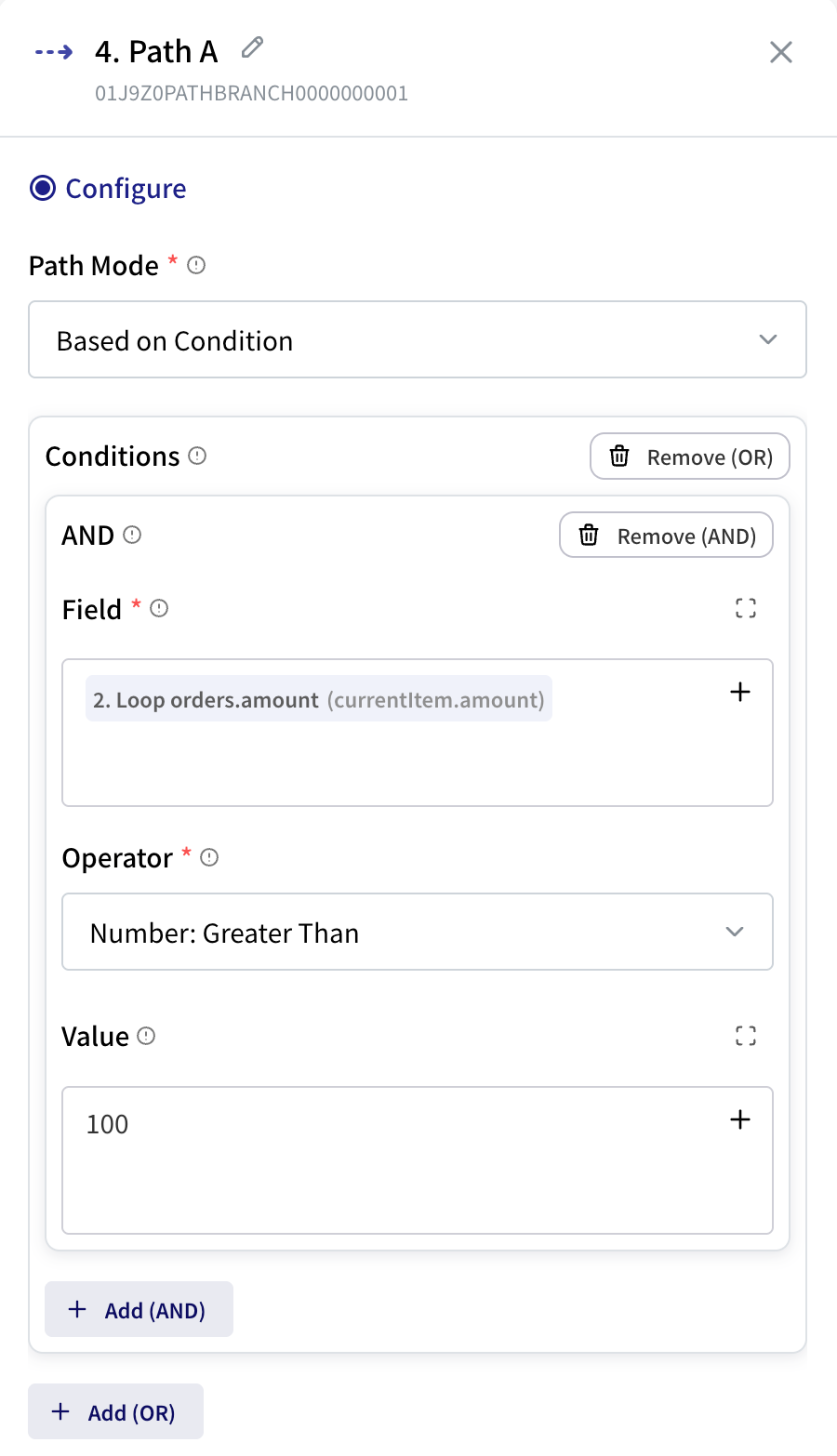Path A settings: Path Mode Based on Condition; condition Field Loop orders.amount, Operator Number Greater Than, Value 100
