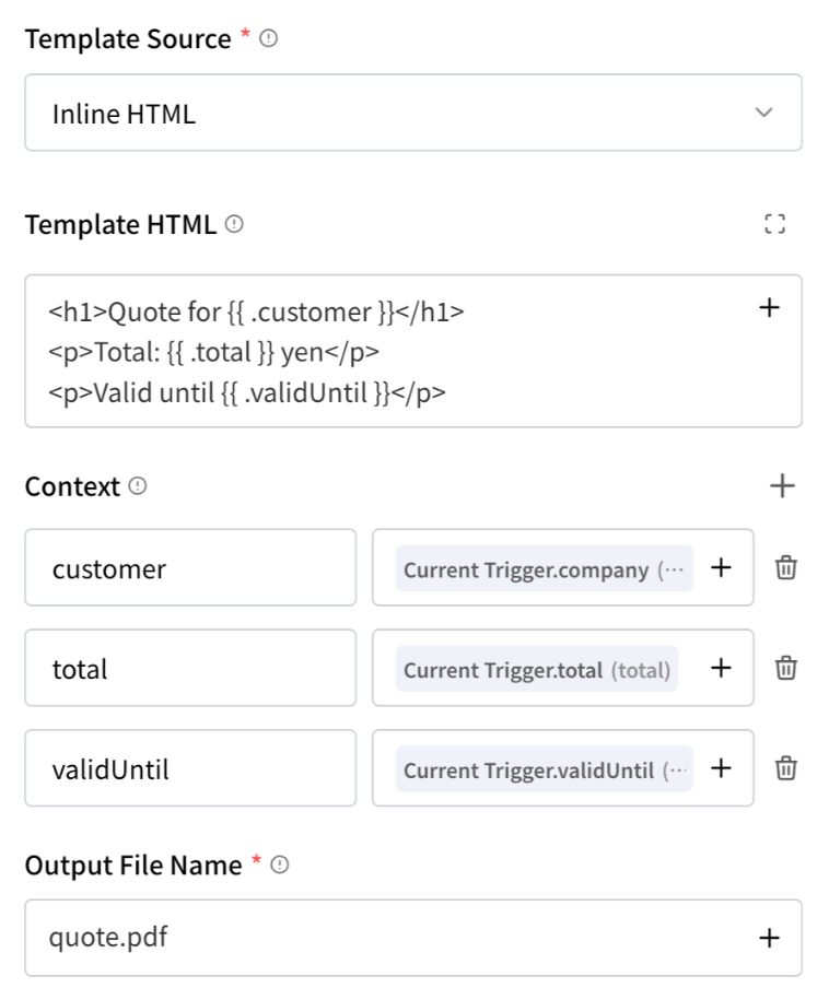 Generate PDF settings: Template Source Inline HTML, a Template HTML with placeholders customer, total and validUntil, Context rows mapping each placeholder to a Current Trigger value, and Output File Name quote.pdf