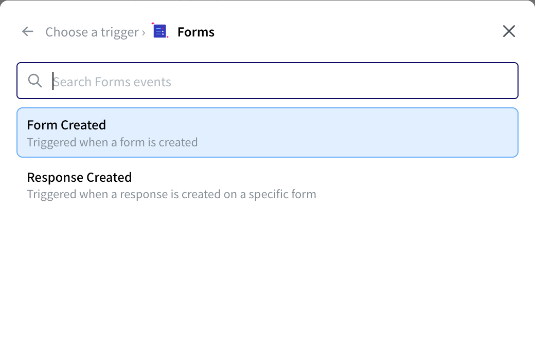 Choose a trigger with Forms open, listing the Form Created and Response Created events